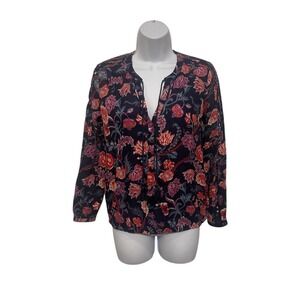 Lucky Brand Floral Print V Neck Tassel Blouse Top Womens XS Navy Red Pink Blue